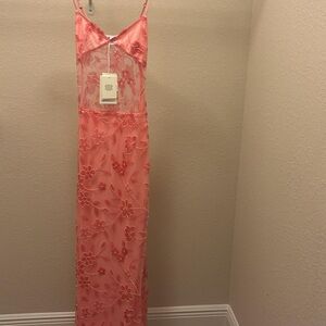 Brand New Peppermayo Coral Pink Floral Embroidered Maxi Slip Dress